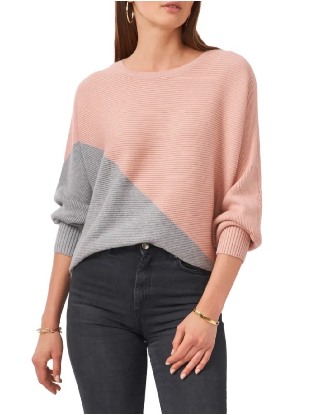 Vince Camuto Pink & Gray Asymmetric Colorblock Cotton Blend Sweater Size XL